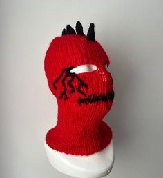 Handmade knit balaclava devil horned ski mask with horns joker funny creepy crochet halloween - Hand knitted from scratch in Poland - Can be worn as a beanie - 100% acrylic - Stretch to head fit - can be customized :) Send me a message for custom orders! Creepy Crochet, Crochet Pour Halloween, Knit Balaclava, Crochet Mask, Knitted Balaclava, Mask Ideas, Crochet Halloween, Handmade Knit, Ski Mask