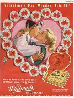 an advertisement for valentine's day with two people kissing in a heart - shaped frame