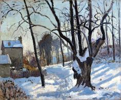 a painting of snow covered trees and houses