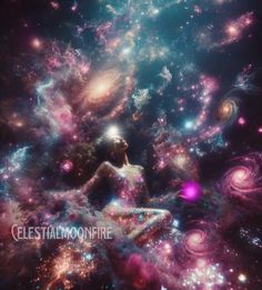 a woman sitting in the middle of a space filled with stars