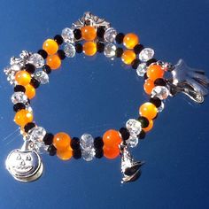 Halloween Bracelet, Halloween Charm Bracelet, Pumpkin Bracelet, Crystal Charm… Pumpkin Bracelet, Halloween Charm Bracelet, Creepy Spider, Halloween Bracelet, Halloween Charms, Bracelet Crystal, Czech Crystal, Halloween Fall, Fall Jewelry