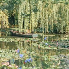 a small boat floating on top of a lake surrounded by lily pads and willow trees