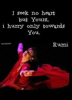 a woman in a red dress with her arms spread out and the words i seek no heart but yours, i hurry only towards you