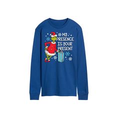 Let everyone know what you got them with this funny Dr. Seuss Grinch My Presence Is Your Present long sleeve graphic tee. Let everyone know what you got them with this funny Dr. Seuss Grinch My Presence Is Your Present long sleeve graphic tee. Crewneck Long sleevesFABRIC & CARE Cotton Machine wash Imported Color: Med Blue. Gender: male. Age Group: adult. Dr Seuss Grinch, Long Sleeve Graphic Tee, Buy One Get One, Dr Seuss, Blue Gender, Everyone Knows, Grinch, Fabric Care, Graphic Tee