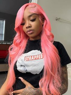 ✔️ Suitable For All Skin Tones ✔️Invisible Seamless & Undetectable ✔️ Reduce Friction To Natural Hair ✔️Softer, Thinner, light Weight,Durable ✔️More Breathable & Comfortable ✔️Deep Parting Space, easy to do any styles. Barbie Hairstyle, Light Pink Hair, Pink Wig, Pink Body, Colored Wigs, Straight Lace Front Wigs, Body Wave Wig