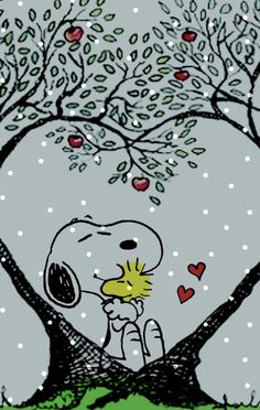 a charlie brown christmas card with an apple tree and snow falling down on the ground