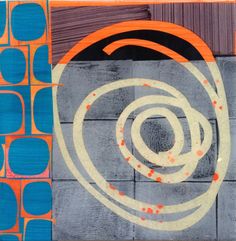 an abstract painting with orange and blue circles