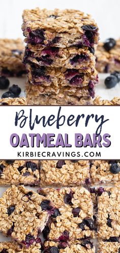 blueberry oatmeal bars stacked on top of each other with text overlay