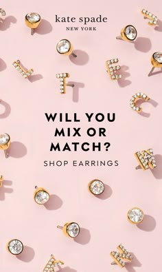 a pink background with lots of gold and diamond earrings on it that says will you mix or match?