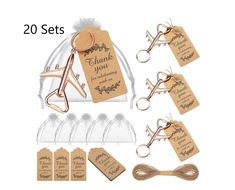 wedding favors with tags and scissors are shown in this set, which includes thank you for the bride