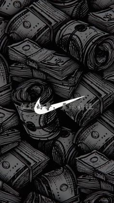 the nike logo is surrounded by stacks of money