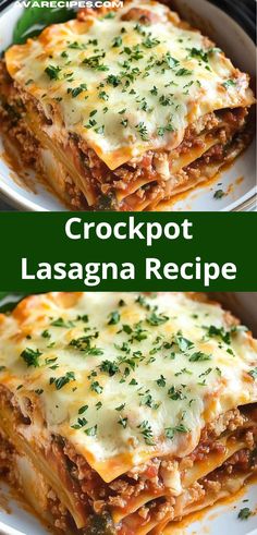 crockpot lasagna recipe on a plate with cheese and parmesan