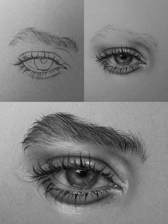 four different views of an eye with long lashes