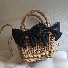 Brand New. Super Cute And Well Made. Casual Bags With Bow, Casual Bag With Bow, Black Rectangular Straw Bag For Day Out, Casual Bags With Bow For Daily Use, Casual Bag With Bow For Daily Use, Casual Daily Use Bag With Bow Detail, Casual Daily Use Bag With Bow, Black Rectangular Bag With Bow, Chic Black Straw Bag For Spring