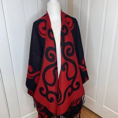 Beautiful Black & Red Poncho One Size Fabric Is 100% Acrylic Red One-size Poncho Cape, Red One-size Cape Poncho, Red One-size Cape Shawl, Red One Size Cape Poncho, Red Shawl Outerwear For Winter, Red Cape Shawl For Winter, Red Winter Cape Shawl, Red Winter Cape One Size, Red Oversized Poncho For Winter