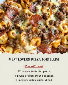 a poster with the words meat lovers pizza tortellini