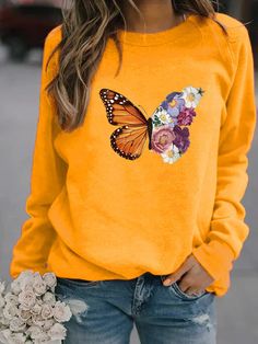 Flower Butterfly Print Long Sleeve Sweatshirt for Women Long Sleeve Cotton Tops With Butterfly Print, Spring Butterfly Print Long Sleeve Tops, Spring Long-sleeve Tops With Butterfly Print, Spring Crew Neck Top With Butterfly Print, Spring Long Sleeve Tops With Butterfly Print, Yellow Crew Neck Sweatshirt For Spring, Long Sleeve Tops With Butterfly Print For Fall, Vintage Dragonfly, Butterfly And Flower