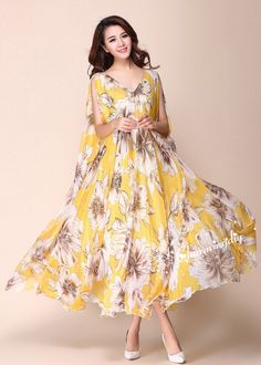 Chiffon V Neck Yellow Flower Long Party Dress Evening Wedding Lightweight Sundress Summer Holiday Beach Dress Bridesmaid Dress Maxi Skirt MD05 Detail Info: ❤ Color: Yellow flower as picture, flower N. More color choice link: https://www.etsy.com/listing/213656440/chiffon-dress-color-card?ref=shop_home_feat_1 Please just note the color number you want with order. ❤ Material: Chiffon ❤ The dress doesn't limit the chest size and waitst size, arm hole 45cm (if your upper arm circle circumference is Bridesmaid Maxi Skirt, Maternity Photo Dresses, Floral Long Frocks, Picture Flower, Fashion Costume Halloween, Pictures Outfits, Summer Maternity, Simple Frocks, Wedding Dress Flowy