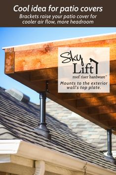 Fly Patio Cover Above the Roof! Outdoor Back Porch Ideas Covered Decks, Landscaping Around Detached Garage, Diy Roof Over Patio, Patio Cover Over Roof, Backyard Patio Awning Designs, Porch Tied Into Roof, Building Patio Cover, How To Plan A Backyard Patio, Backyard Patio Covering