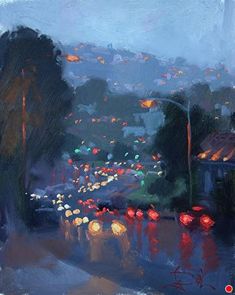 an oil painting of a city street at night, with lights on the trees and buildings in the background