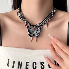 Length: 41-50cm Trendy Metal Butterfly Jewelry, Trendy Butterfly Necklaces For Party, Metal Butterfly Necklace With Adjustable Chain, Metal Butterfly Charm Necklace For Party, Metal Butterfly Necklace For Parties, Adjustable Metal Butterfly Necklace, Trendy Silver Butterfly Necklace For Party, Black Alloy Punk Necklace, Black Butterfly Charm Jewelry