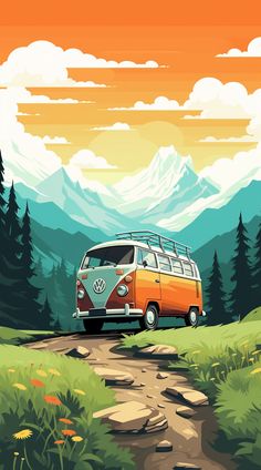 an orange and white vw bus driving down a dirt road in front of mountains