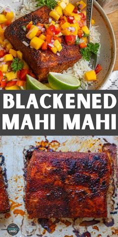 blackened mahi mahi with mango salsa on top and the words, blackened mahi mahi