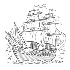 a pirate ship sailing in the ocean on a cloudy day coloring pages for kids and adults