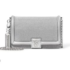 New Victoria Secrets Mini Crossbody Bag Silver Shoulder Bag With Silver-tone Logo For Formal Occasions, Silver Shoulder Bag With Silver-tone Logo For Formal Events, Formal Silver Shoulder Bag With Silver-tone Logo, Formal Silver Shoulder Bag With Logo Plaque, Evening Bag With Silver-tone Logo Plaque In Metallic Silver, Silver Evening Bag With Silver-tone Logo Plaque, Metallic Silver Evening Bag With Logo Plaque, Metallic Silver Evening Bags With Silver-tone Logo Plaque, Metallic Shoulder Bag With Silver-tone Logo For Evening