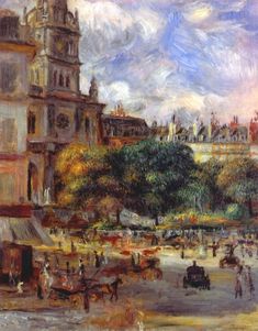 an oil painting of a city street with people walking around and horse drawn carriages on the road