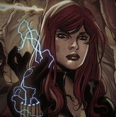 a woman with red hair and black gloves holding a lightening wand in front of her face