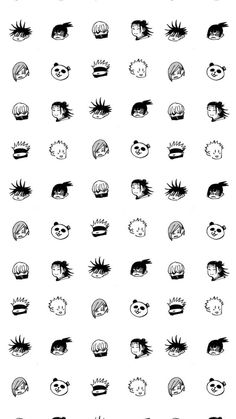 black and white drawing of faces with different hair styles on them, all drawn by hand