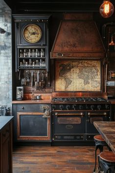 a kitchen with an old world map on the wall