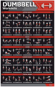 the dumbbell workout poster is shown in red and black