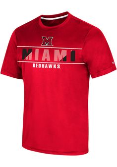 Keep cool while showing your Miami RedHawks spirit in this Red Marty T Shirt. This Short Sleeve is the perfect Tee for working out, heading to class, or cheering on the Redhawks. Featuring a screen print team name, mascot and logo on front chest with team logo on back, there's no mistaking your Miami RedHawks pride in this Redhawks Marty T Shirt! Red Sports Team T-shirt, Red Sports T-shirt With Team Name, University Red Moisture-wicking Tops For Sports Events, Red Moisture-wicking Top For College, Collegiate Red Tops With Team Logo, University Red Sports Tops With Team Name, University Red Team Spirit Top With Graphic Print, University Red Tops With Graphic Print For Team Spirit, Red Sublimation Print Top For College