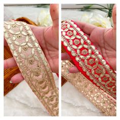 two pictures of gold and red ribbon with flowers in the background, one is being held up by someone's hand