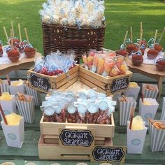 a table topped with baskets filled with food