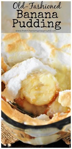 an old fashioned banana pudding in a glass bowl