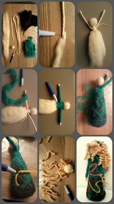 several pictures of different things made out of wool and yarn, including an angel doll