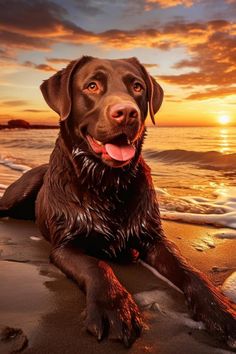 a brown dog laying on top of a sandy beach next to the ocean at sunset