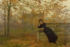 a painting of a woman sitting on a bench in an autumn park with leaves all over the ground