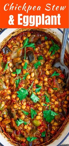 chickpea stew and eggplant in a white bowl