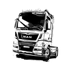 a black and white drawing of a man semi - truck on the road with its hood open