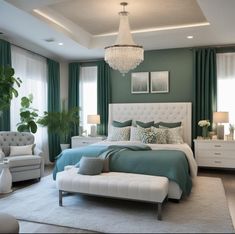 a bedroom with green and white decor in shades of teal, gray and white