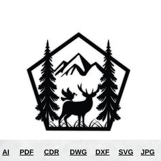 an image of a deer in the woods with mountains and trees on it's side