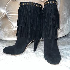 Beautiful Black Suede Boots. Round Toe Fringe With Gold Studded Details. Two Leather Strands With Gucci Gold Crest Charm On The End. Overall Good Condition No Dust Bag Or Box. Gucci High Heel Boots For Fall, Gucci Leather Party Boots, Gucci Luxury Heeled Boots For Formal Occasions, Gucci Designer Heeled Boots For Formal Occasions, Designer Gucci Heeled Boots For Formal Occasions, Gucci Luxury Party Boots, Gucci Luxury Formal Heeled Boots, Luxury Gucci Boots For Party, Luxury Gucci Party Boots