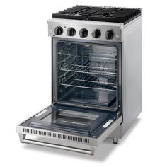 an oven with the door open and two burners on it's side, in front of a white background