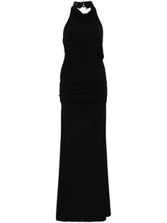 black textured finish ruched detailing rear button fastening concealed rear zip fastening halterneck draped detailing open back straight hem long length Ruched Maxi Dress, Maxi Dress Black, Wardrobe Edit, Yoko London, Exclusive Fashion, Ballet Flat Shoes, Lady Dior, Black Maxi Dress, Cocktail Dress Party