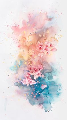 an abstract painting with pink and blue flowers