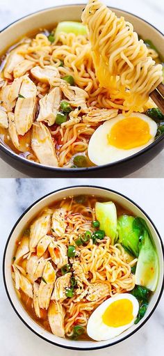 two bowls filled with noodles and vegetables next to an egg on top of the bowl